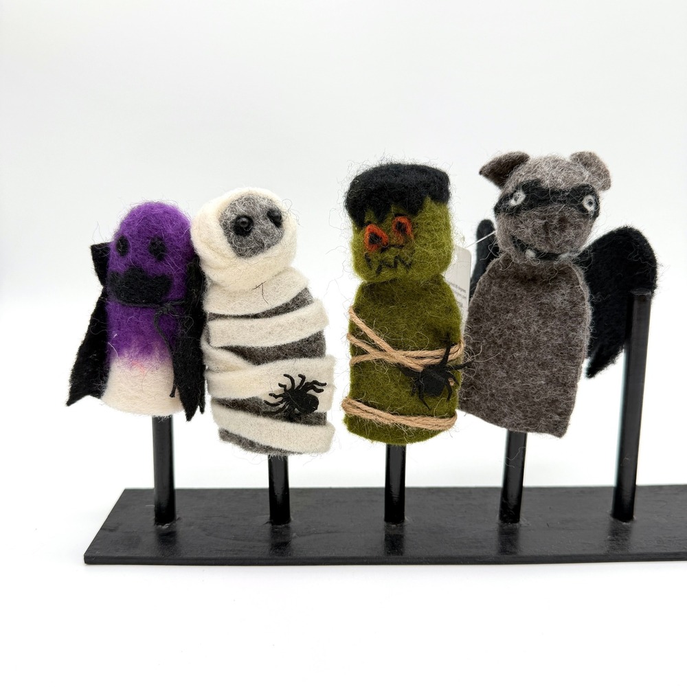 ONE HUNDRED 80 DEGREES Wool Felt Finger Puppets Halloween Spooky Monster 4pc Kid